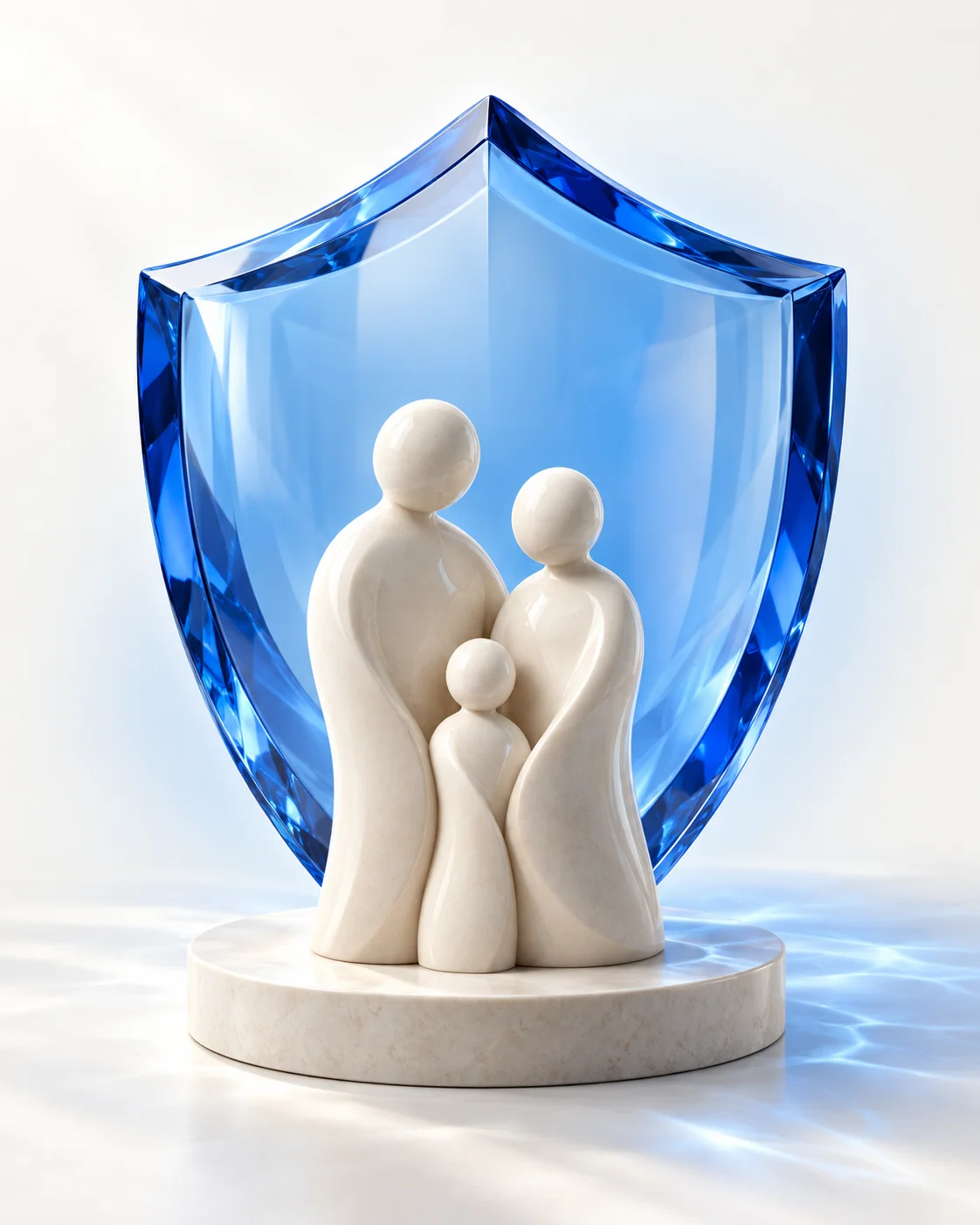 A blue glass shield protecting a sculpted family, symbolising insurance protection.